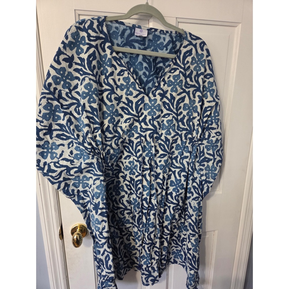 Pax Philomena Kaftan Dress Womens One Size Blue Block Print Boho Coastal - Picture 5 of 5